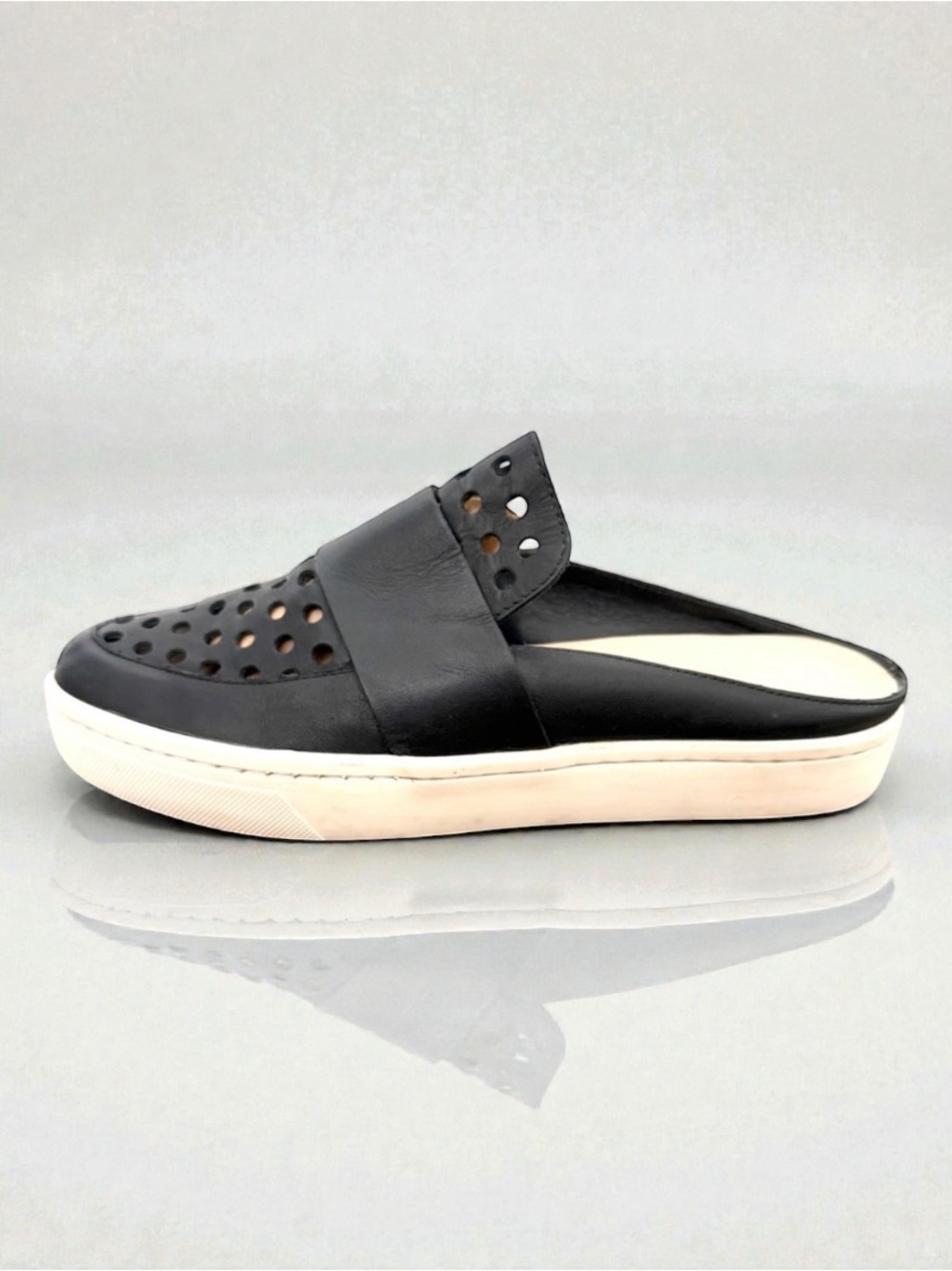 LOEFFLER RANDALL BLACK LEATHER PERFORATED SLIP ON MULES